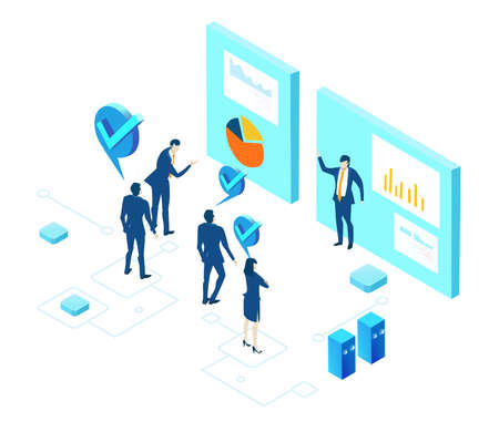 Business people having discussion in front of screen with growth charts and bars and make decisions regarding investments, new start up, project of developing programのイラスト素材