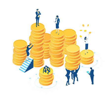 Isometric 3D business environment. Business management. Isometric office space,  business people, bankers working with golden coins. Saving, earnings, investment strategyのイラスト素材