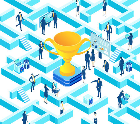 Isometric 3D labyrinth business environment. Business management. Isometric space,  business people...
