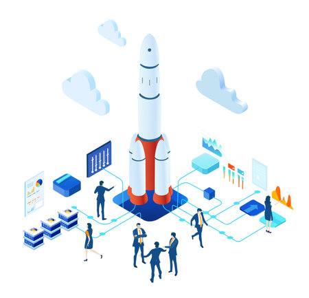 Rocket launch, new start up. Isometric 3D business environment. Business management. Isometric...