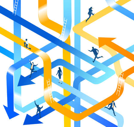 Isometric 3D business environment. Business management. Isometric space with  business people, running in different directions in order to get the right way. Strategy, support, planning conceptのイラスト素材