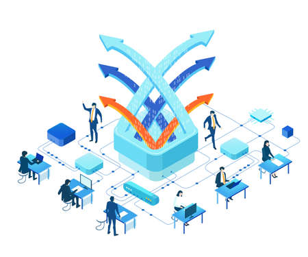 Isometric 3D Internet datacenter, server room, web administrator hosting concept  with business people. Technology, success, internet, data protection and personal security infographic illustrationのイラスト素材