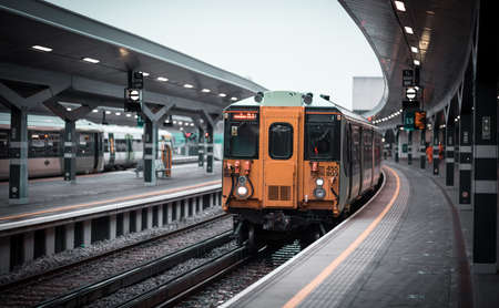 London, UK - 3 February, 2021: Train arriving to London bridge station, no people empty platform. Generally busiest station of the City of London now empty due to Covid lockdownのeditorial素材