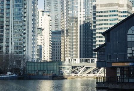 London, UK - February 2, 2021: Canary Wharf office buildings, modern skyscrapers at docklandのeditorial素材