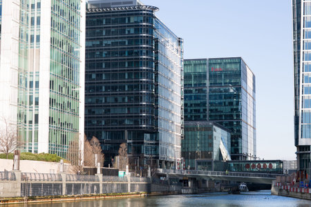 London, UK - February 2, 2021: Canary Wharf office buildings, modern skyscrapers at dockland