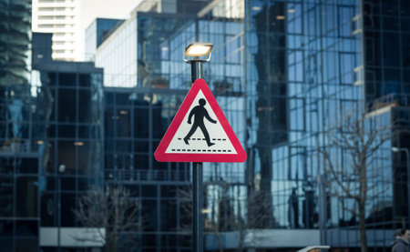 London, UK - February 2, 2021: Pedestrian sign against of office glass block in Canary Wharfのeditorial素材