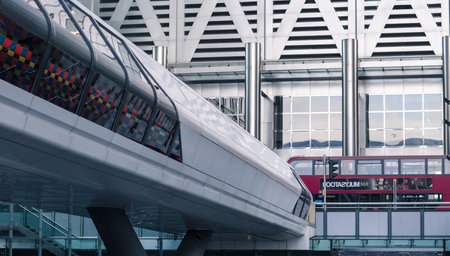 London, UK - February 2, 2021: Cross rail tunnel connecting Canary Wharf office buildings and tube entranceのeditorial素材