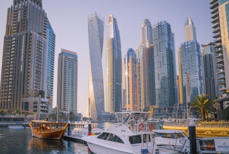 Dubai, UAE United Arabs Emirates - 29 May, 2019: Panoramic view of Dubai skyscrapers at the coast. Skyscrapers, modern architecture Dubai marinaのeditorial素材