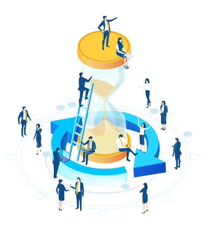 Isometric 3D business environment. Business management. Isometric office space, business people work around sand glass. Time is money infographic illustrationのイラスト素材