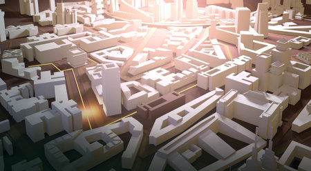 3D Render Abstract city. City plan, streets and skyscrapers with neon traffic lights effect