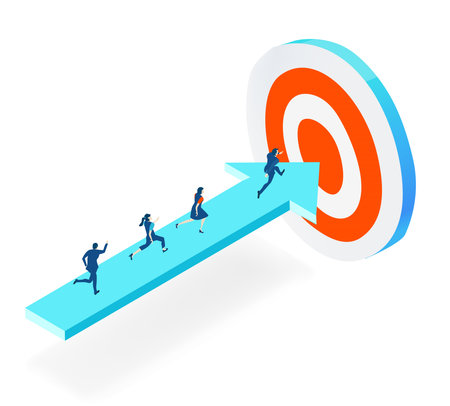 Isometric 3D business concept environment, Business people running to get the target. Competition, professional achievement conceptの写真素材