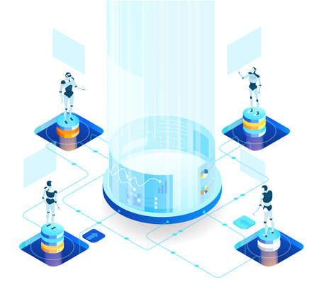 Isometric 3D business concept environment,  Robots working as a team in server room. Future with robots, artificial intelligence, big tada solving problems.のイラスト素材
