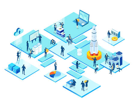 Isometric 3D business concept environment,  Business people working in labyrinth around a server blocks. Talking, communication, slowing the problems, start up, support and developing projects.のイラスト素材