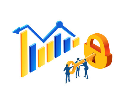 Isometric 3D business concept environment,  Business people, bankers trying open a big golden lock....