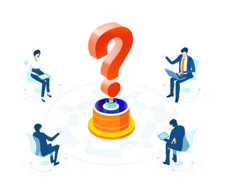Isometric 3D business concept environment,  Business people talking around big question mark. Talking, communication, slowing the problems, start up, support and developing projects.のイラスト素材