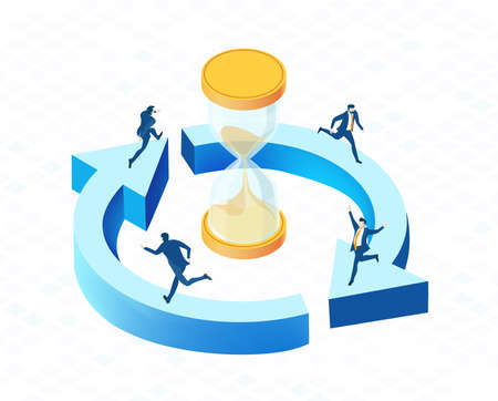 Isometric 3D business concept environment,  Business people running  around hour glass. Time management, communication, slowing the problems, start up, support and developing projects.のイラスト素材