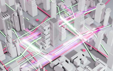 3D Render Of Abstract city. City plan, city square, streets and skyscrapers with neon traffic lights...