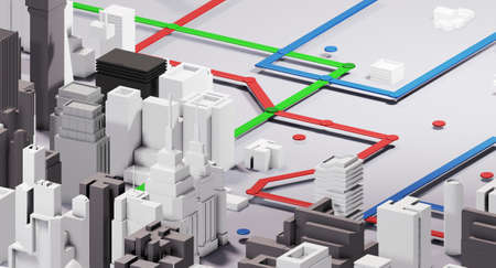 3D render of abstract modern city with skyscrapers, business centres and tube, underground lines. Connection, modern life, business and success conceptの写真素材
