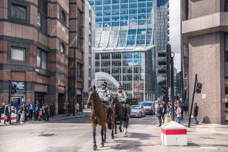 London, UK - April 25, 2019: Police controlling public meeting next to the Bank of England.
