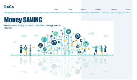 Flat design website or app page template. Financial services, banking, strategic planning, development, business solutions, consulting, market research, teamwork, data analyse, support, securityのイラスト素材