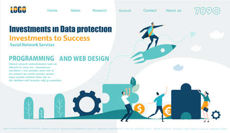 Flat design website or app page template. Financial services, banking, strategic planning, development, business solutions, consulting, market research, teamwork, data analyse, support, securityのイラスト素材