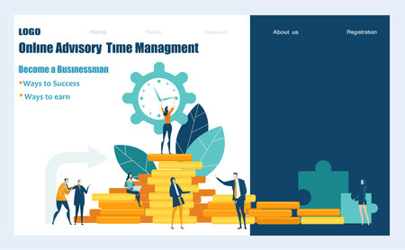 Flat design website or app page template. Financial services, banking, strategic planning, development, business solutions, consulting, market research, teamwork, data analyse, support, securityのイラスト素材