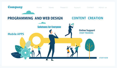 Flat design website or app page template. Financial services, banking, strategic planning, development, business solutions, consulting, market research, teamwork, data analyse, support, securityのイラスト素材