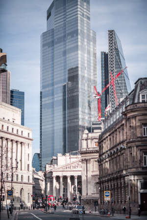 London, UK - February 23, 2021: Stock exchange building at the Bank of England square and empty streets City of London during national lockdown. Covid restrictions, social distancing.のeditorial素材