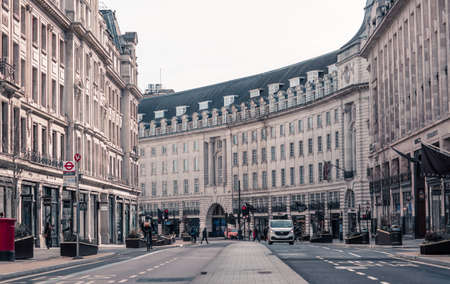 London, UK - 23 February, 2021: Regent street view, Westminster empty streets during national Covid lockdown. Covid restrictions, social distancing.のeditorial素材