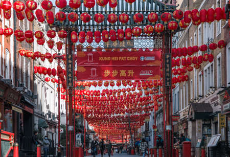 London, UK - February 23, 2021: China Town with red lanterns decoration.  China town view during  Covid-19 lockdown. No people, empty streets of Londonのeditorial素材