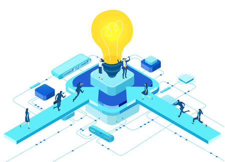 Isometric 3D business environment. Isometric office space, business people work around light bulb as symbol of generating fresh content and new ideas. Infographic illustrationのイラスト素材