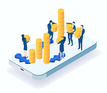 Isometric 3D business concept environment, Business people caring golden coins. Banking, start up, support and developing projects, investments, savings.のイラスト素材