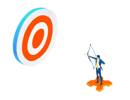 Isometric 3D business environment. Businessman aim a target. Infographic illustrationのイラスト素材
