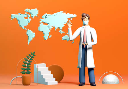 Vaccination concept. Doctor with Covid 19 vaccine and patient, who is happy to be vaccinated. 3D render illustration.の写真素材