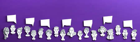 Paper cut effect background, human's heads  with hand drawn faces, emotions. 3D render illustration with space for textの写真素材