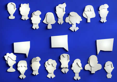 Paper cut background, human's faces template, crowd of people. 3D render illustrationの写真素材