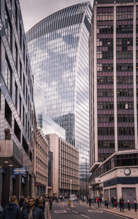 London, UK - April 25, 2019: London Wall Street, Moorgate banking and office are in the City of London.のeditorial素材