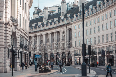 London, UK - 23 February, 2021: Regent street view, Westminster empty streets during national Covid lockdown. Covid restrictions, social distancing.のeditorial素材