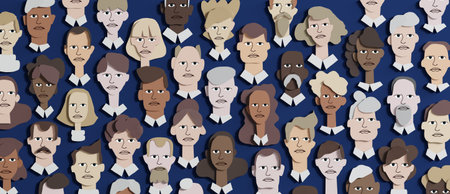 Lots of people's faces made of paper. People different ages and professional backgrounds. Paper cut...