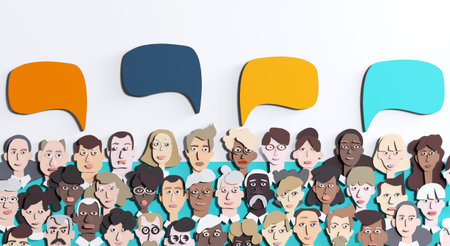 Lots of people's faces made of paper. People different ages and professional backgrounds. Paper cut...