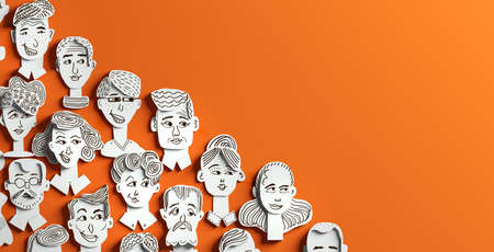 Lots of people's faces made of paper and space for text. Paper cut design 3D renderの写真素材