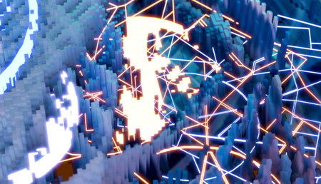 3D Render Abstract city. Modern City plan, streets and skyscrapers with neon traffic lights....