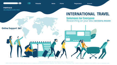 People with travel bags in airport. Flat design website or app page template. Financial services, banking, strategic planning, development, business solutions, consulting, data analyse, support and seのイラスト素材
