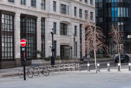 London, UK - February 23, 2021: Bank of England junction, empty streets City of London during national lockdown. Covid restrictions, social distancing.のeditorial素材
