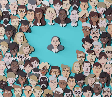 Lots of people's faces made of paper. People different ages and professional backgrounds. Paper cut design 3D renderの写真素材