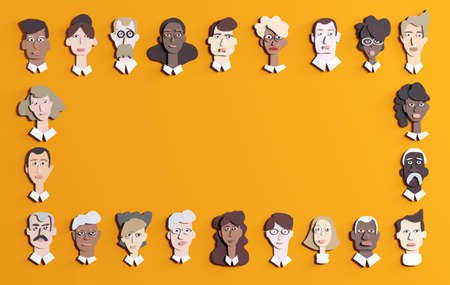 Lots of people's faces made of paper. People different ages and professional backgrounds. Paper cut design 3D renderの写真素材
