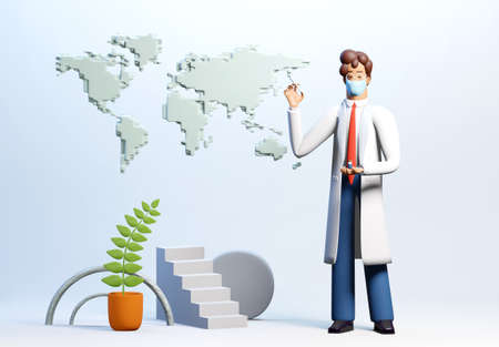 Vaccination concept. Doctor with Covid 19 vaccine and world map. World waiting to be vaccinated. 3D render illustration.の写真素材