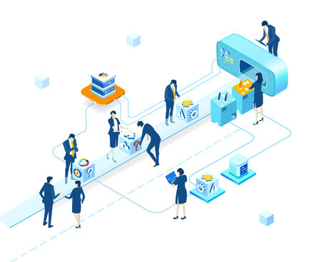 Isometric 3D business environment.  Isometric working space, business people working together....