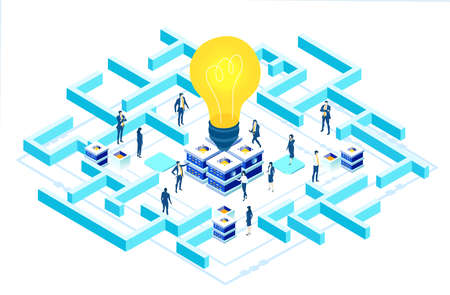 Isometric 3D business environment. Business management. Isometric labyrinth, business people work around light bulb as symbol of generating fresh content and new ideas. Infographic illustrationのイラスト素材