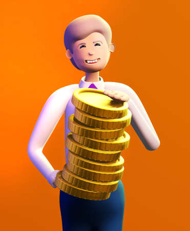 Happy, successful businessman holds  Golden coins. 3D render illustration. Business, banking, consulting, business start up conceptの写真素材